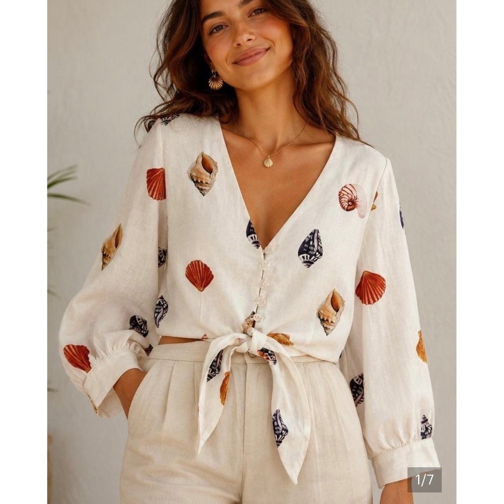 Rachel Zoe Seashell Print Blouse Coastal Resort White Small Tie Front Linen